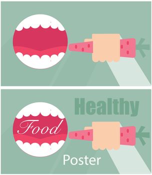 healthy food poster - open mouth and hand with carrots background