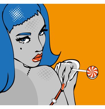 Sexy Girl with lollipop on retro Background.Hot popart comics