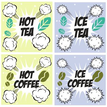 Hot coffee cold coffee, hot tea cold tea , set of comics popart drinks backgrounds