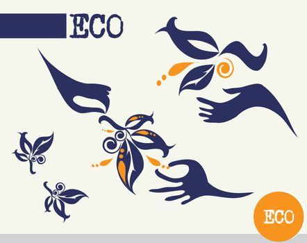 hands and green plants vector collection of ecological symbols and signs