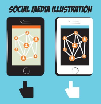 Hands tablet or mobile phone icons PC with social media illustration on background