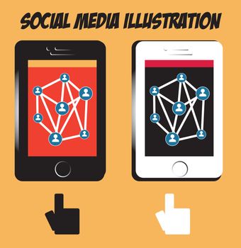 Hands tablet or mobile phone icons PC with social media illustration on background