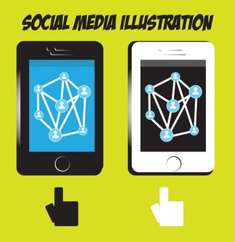 Hands tablet or mobile phone icons PC with social media illustration on background