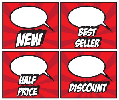 NEW BEST SELLER HALF PRICE DISCOUNS lables -illustration of colorful cartoon labeling