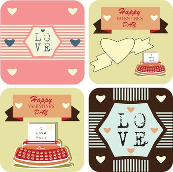 Valentines day and weeding cards with ornaments, typography, hearts, ribbon, arrow, and typewriter Happy Retro backgrounds set