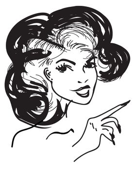 Retro beauty girl or woman pointing - vintage art Illustration