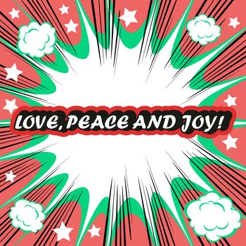 Retro background Design Template boom with word Love Peace and Joy Comic book background