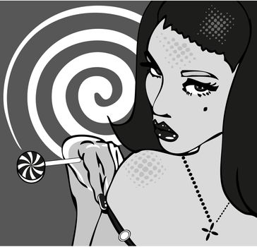 Sexy Girl with lollipop on retro Background.Hot popart comics