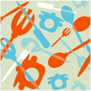 Seamless Transparency silverware icons seamless pattern background. Fork, knife and spoon silhouettes on different sizes and colors.