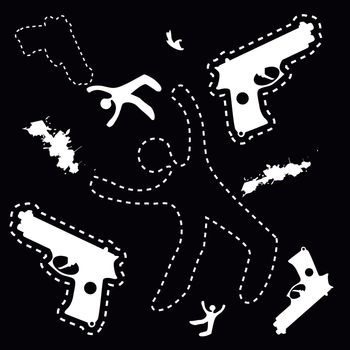 Silhouette of the dead man and gun on the ground, vector background dead body otline with hand gun 