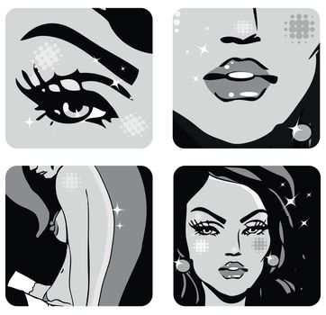 4 icons of Woman beauty -body, hair, eyes, lips, face girl
