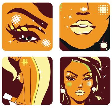 4 icons of Woman beauty -body, hair, eyes, lips, face girl