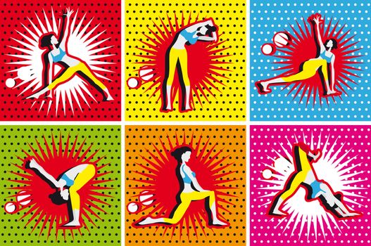 Pop Art Comic yoga, pilates big set of vector symbols 