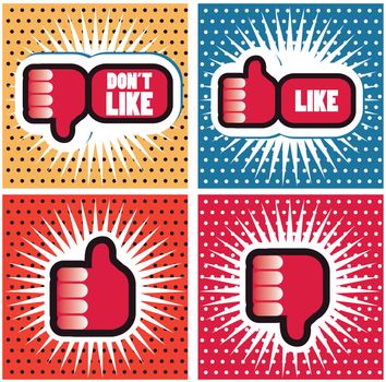 Pop art Comic Book Style Banners with Thumbs up button - like button Thumbs down button - don't like button