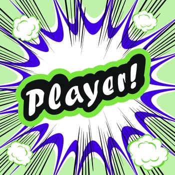 Comic book background Player! sign Card Pop Art office stamp with the word Player