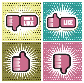 Pop art Comic Book Style Banners with Thumbs up button - like button Thumbs down button - don't like button