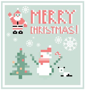 Pixel Holidays People card Santa and Snowman card /  icons set theme in pixel art style, vector illustration