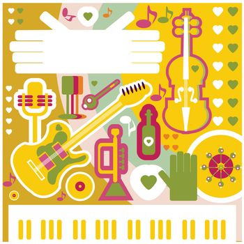 Abstract Music Background - vector illustration. Collage with musical instruments hearts and text space