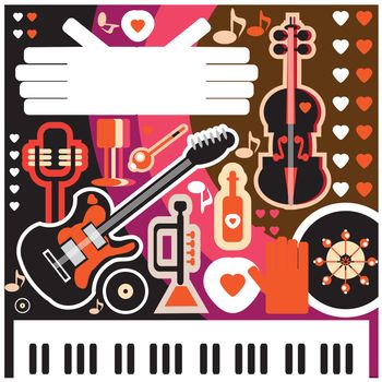 Abstract Music Background - vector illustration. Collage with musical instruments hearts and text space