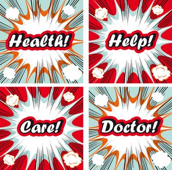 Medical signs set on pop art backgrounds Health, help, care, doctor