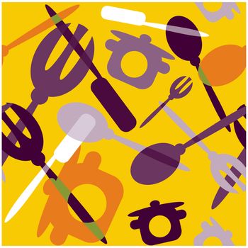 Seamless Transparency silverware icons seamless pattern background. Fork, knife and spoon silhouettes on different sizes and colors.