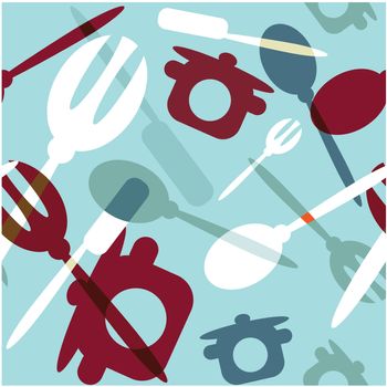 Seamless Transparency silverware icons seamless pattern background. Fork, knife and spoon silhouettes on different sizes and colors.