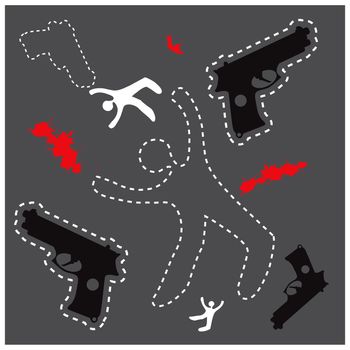 Silhouette of the dead man and gun on the ground, vector background dead body otline with hand gun 