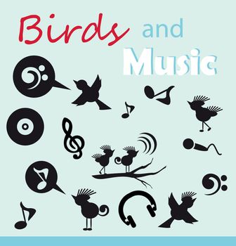 birds and music silhouette icons sets