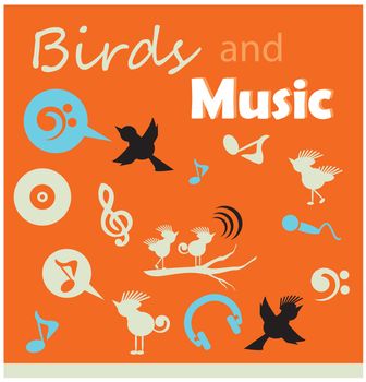 birds and music silhouette icons sets