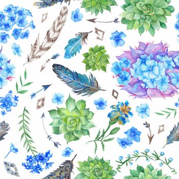 Forest boho style illustration for wallpaper, textile, event design with feathers, succulents, flowers and arrows