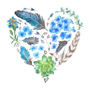 Creative botanical Valentine illustration with plants and feathers isolated on white background