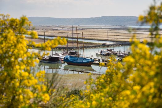 Natural park Secovlje Salina in Slovenia, Europe. View of traditional wooden fishing boats, salt evaporation ponds with green mediterranean hills in background.
