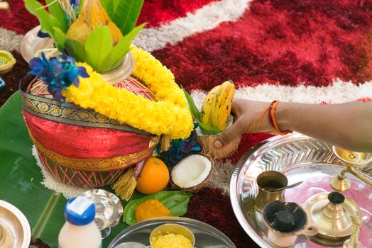 South Indian prayers heritage items on ear piercing ceremony.