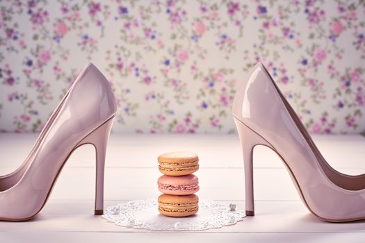 Still life. Woman essentials fashion accessories. Macarons french dessert, luxury beige shoes high heels, pearl, ribbon. Creative wedding set, vanilla wood, floral background. Romantic, retro vintage 