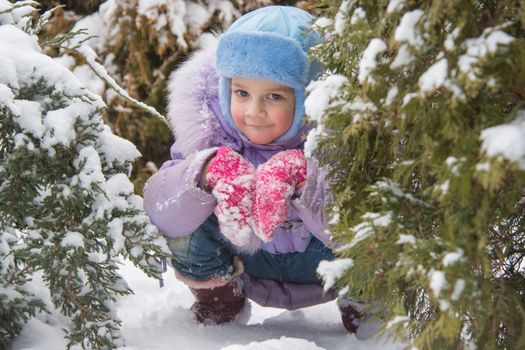 Five-year girl in a snowdrift snow against a snowy background Trees