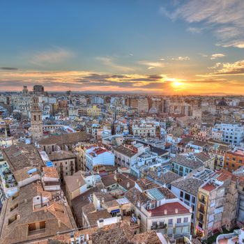 Sunset Over Historic Center of Valencia, Spain. Aerial view of cityscape. Square composition.