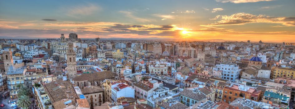 Sunset Over Historic Center of Valencia, Spain. Panoramic aerial view of cityscape.
