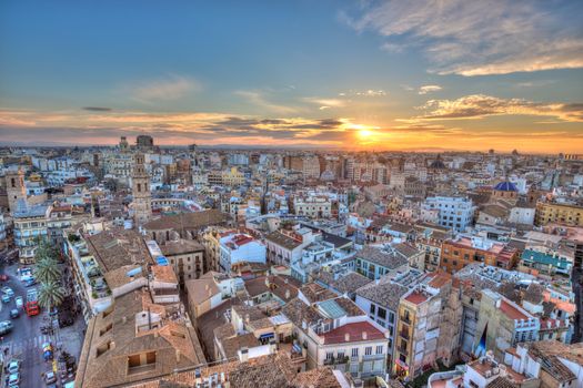 Sunset Over Historic Center of Valencia, Spain. Panoramic aerial view of cityscape.