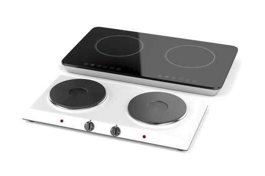 Double hot plate and induction cooktop on white background