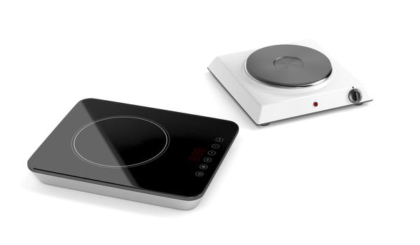Hot plate and induction cooktop on white background