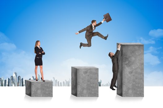 Businesspeople on square stones with cityscape background