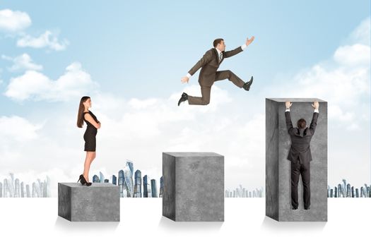 Businesspeople on square stones with cityscape background