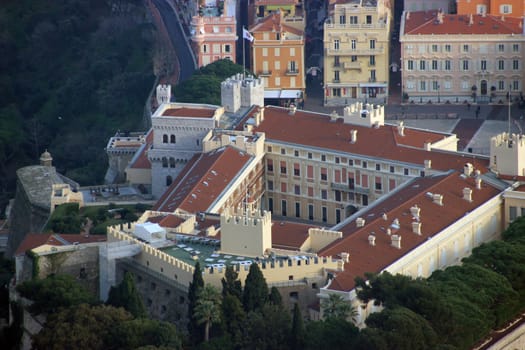 MONACO-VILLE - JAN 23 : Aerial view of the Prince's Palace (Palais du Prince) on The Rock, south of France on January 24, 2016 in Monaco-Ville, Monaco