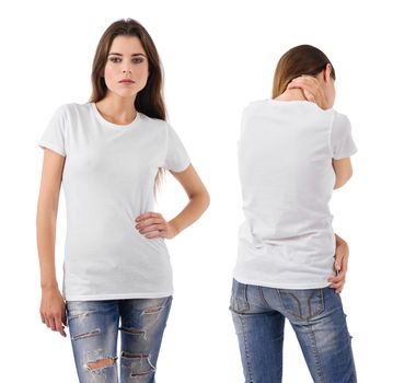Photo of a beautiful brunette woman with blank white shirt, front and back views. Ready for your design or artwork.
