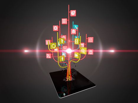 Social media icons set in tree shape on Modern black tablet pc, technology background