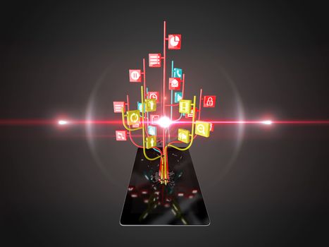 Social media icons set in tree shape on Modern black tablet pc, technology background