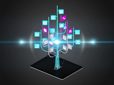 Social media icons set in tree shape on Modern black tablet pc, technology background