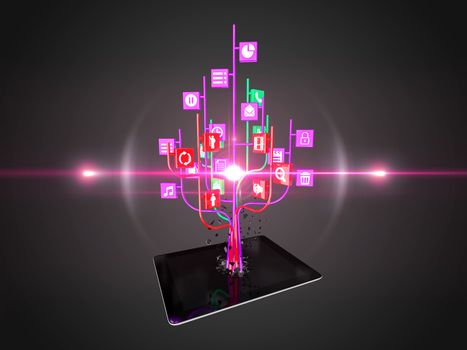 Social media icons set in tree shape on Modern black tablet pc, technology background