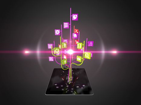 Social media icons set in tree shape on Modern black tablet pc, technology background