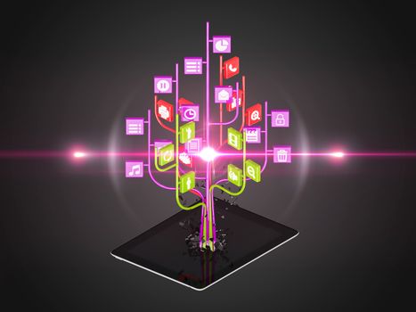 Social media icons set in tree shape on Modern black tablet pc, technology background